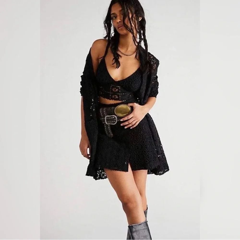 Free People FP One Yesenia Black Crochet Suit 3 PC Skirt Jacket Bralette Size 10